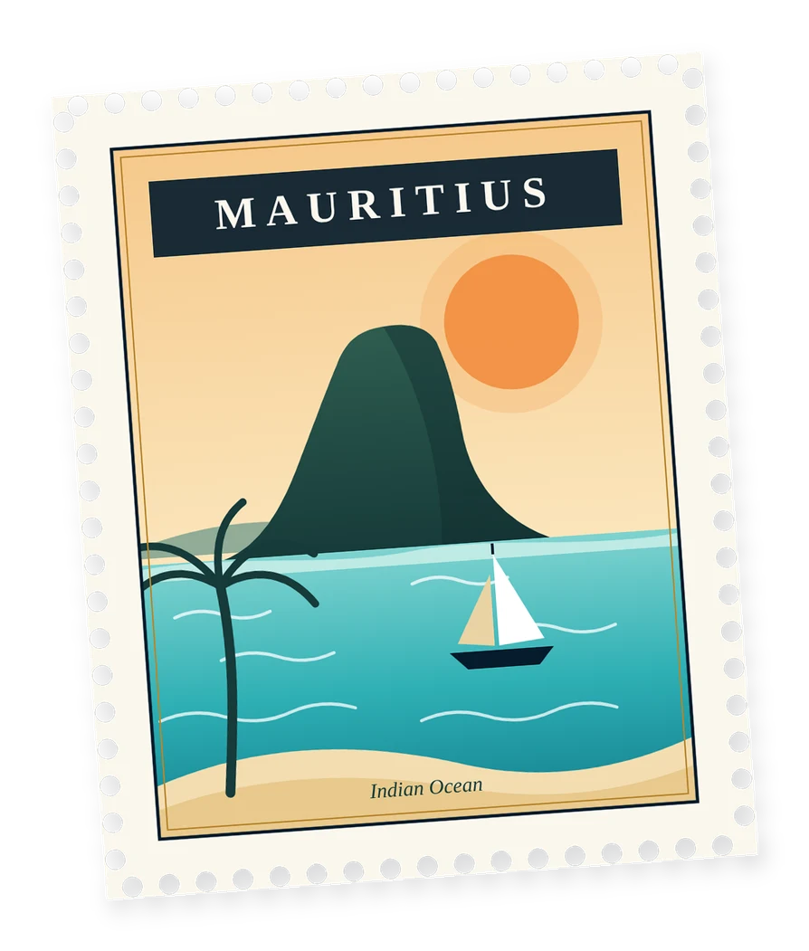 Illustrated stamp of Mauritius: a mountain peak, lagoon, palm and sailing boat